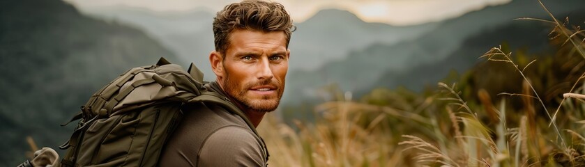Fototapeta premium Cinematic mid shot of a handsome man with a backpack in the jungle looking at the camera smiling
