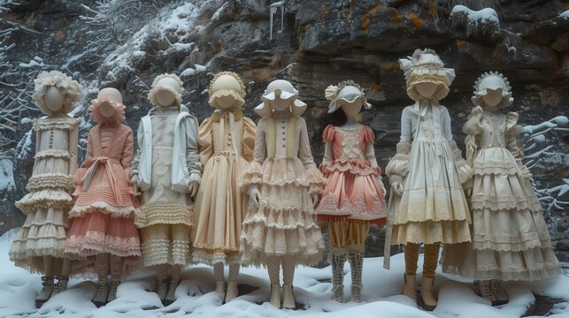 Snowy Lolita Fashion- Lolita-inspired fashion for youth adapted for icy conditions. Imagine elaborate dresses with layers of lace and ruffles, paired with thermal petticoats and kn