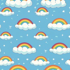 Seamless pattern of rainbows and clouds on a blue sky with stars. Perfect for children's clothing, bedding, wallpaper, or scrapbooking.