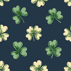 Seamless pattern with green and gold shamrock leaves on blue background. St Patricks Day symbol. Concept of good luck, Irish tradition, spring celebration, festive design