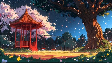 Fototapeta premium Temple with cherry blossoms tree Anime style illustration, anime background