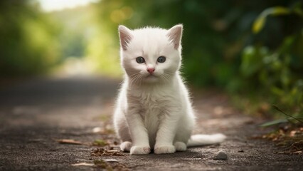 white kitten on the ground with greenportrait background