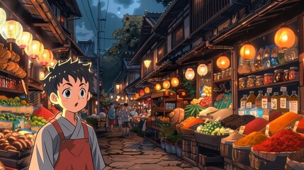 Naklejka premium A boy at market, vegetable fruits, night lights Anime style illustration, anime background
