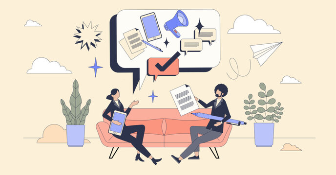 Visual communication for marketing ads tiny person neubrutalism concept. Advertisement and marketing project presentation with text for social media posts vector illustration. Creative representation