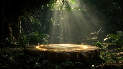 A wooden podium in a mystical forest with glowing runes and magical creatures, Fantasy, Dark Tones