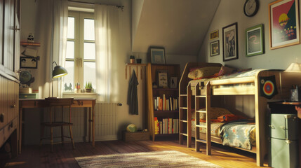 A bedroom with a bunk bed and a desk