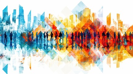 Business collage with professionals, handshakes, cityscapes, and collaboration in geometric pattern.