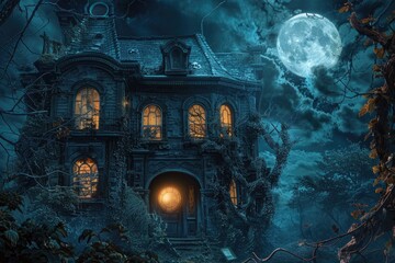 Obraz premium A spooky haunted house with broken windows, overgrown vines, and glowing lights inside, set against a backdrop of a full moon and a cloudy night sky