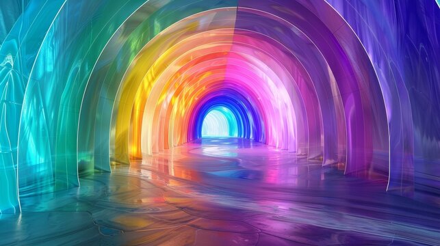 Luminous spectrum gate in arches conjures ethereal parallel universe realm.