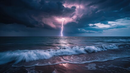 Fototapeta premium A lightning bolt hitting the ocean on a stormy day