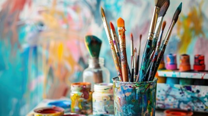 Watercolor paint set and brushes placed on an artist s desk