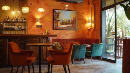 Fototapeta premium A restaurant with orange walls and blue chairs
