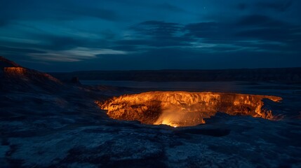 Fototapeta premium 3. Experience the haunting beauty of Turkmenistan's Door to Hell, where the glowing flames of the natural gas crater create a striking contrast with the dark night sky.