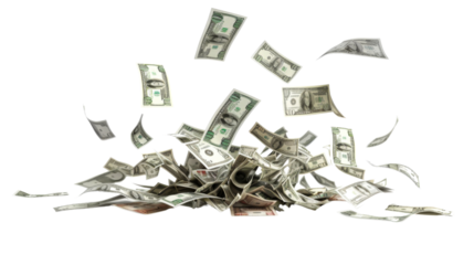 Falling money, money stack on transparent background