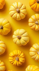 Assortment of decorative pumpkins on yellow background, top view for unique autumn pattern