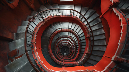 A top view of a spiral staircase in the hallway.
