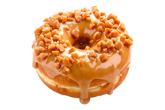 Closeup view of a caramel glazed donut with chocolate drizzle, isolated on white transparent background.