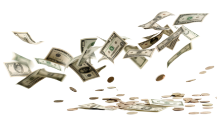 Falling money, money stack on transparent background