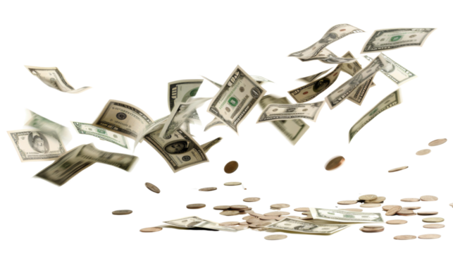 Falling money, money stack on transparent background