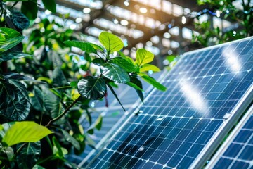 Sunlight Filtering Through Lush Leaves Onto Solar Panels