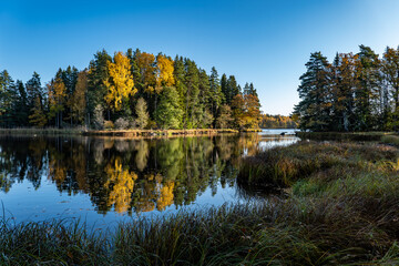 Fototapeta premium Scenic view of a salomon river labdscape in Fjarnebofjarden national park in north of Sweden