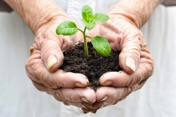 Plant in hands, young sprout, new plant growing in soil, organic farming, environment care, earth day