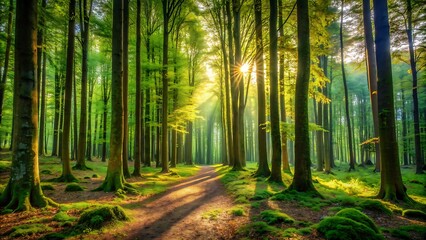 Fototapeta premium Sunbeams Through Forest Trees.