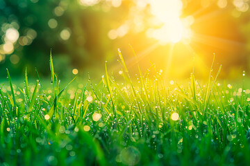 Obraz premium Dew-covered grass blades sparkling in the morning sunlight, capturing the essence of freshness and the beauty of nature