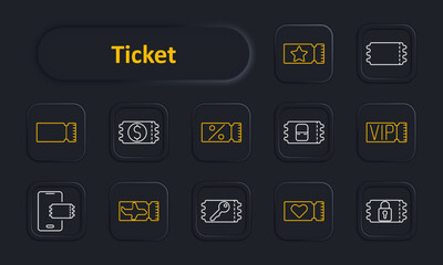 Ticket set icon. Ticket stub, currency, discount, percentage, VIP, mobile ticket, plane, key, heart, lock. Event and travel access concept.