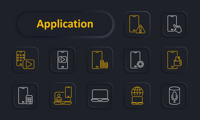Application set icon. Phone, alert, play, settings, wallet, calculator, communication, user interface, online service. Mobile app features concept.