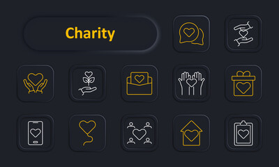 Charity set icon. Heart hands, plant, envelope, donation, gift box, mobile, community, house, clipboard, support, volunteer. Philanthropy, giving, social aid, nonprofit, support, community service