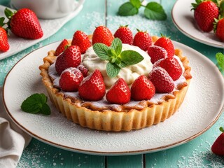Tarte aux Fraises: A sweet tart filled with vanilla pastry cream and topped with fresh strawberries. dessert plate with a dusting of powdered sugar and a sprig of mint. French cuisine. generative AI