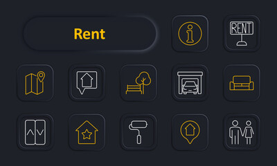 Rent set icon. Map pin, house icon, park bench, garage, sofa, elevator, house star, paint roller, people, information, rent sign. Property rental, housing, furniture, amenities, location concept.