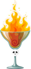 Halloween cocktail ablaze with flickering fire flames, combines mysterious ingredients and spices. Isolated cartoon vector bewitching, hot, enchanting concoction to ignite spooky celebrations