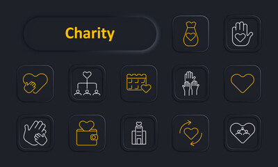 Charity set icon. Heart, hierarchy, heart calendar, raised hands, heart, wallet, institution, heart arrows, group. Donations, support, nonprofit, community help concept.