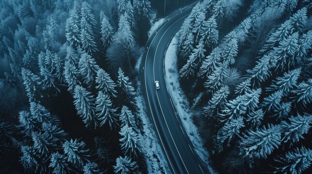Aerial view of car driving on winding mountain road through dense coniferous forest - Powered by Adobe