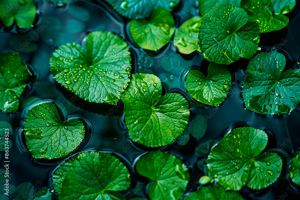 Poster Green leaves floating on water with reflection, creating a serene and calming nature scene