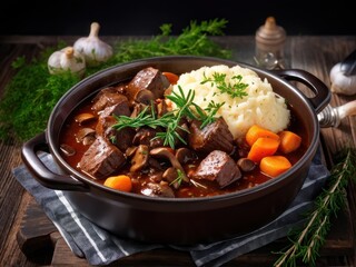 Boeuf Bourguignon: A rich beef stew braised in red wine with mushrooms, onions, and carrots. French cuisine. generative AI