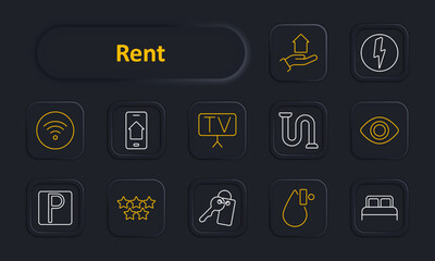 Rent set icon. Wi-Fi, smart home, TV, plumbing, security, parking, rating, room keys, house viewing, bedroom. Property, leasing, rental services concept.