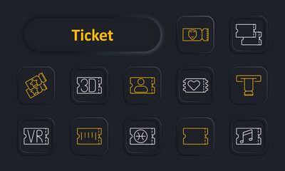 Ticket set icon. Event tickets, 3D ticket, admission, VR ticket, theater, concert, sports, barcode, coupon. Entertainment, access, pass concept.
