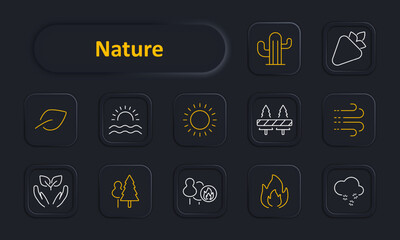 Nature set icon. Leaf, sunrise, sun, forest, wind, fire, strawberry, cactus, mountains, landscape, outdoor. Natural elements, environment, wildlife concept.