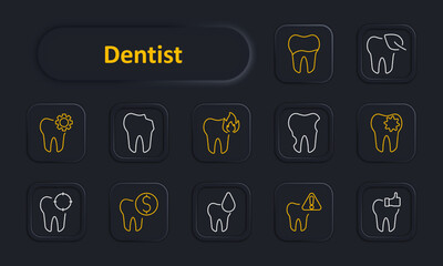 Dentist set icon. Tooth, dental care, cavity, extraction, braces, dental tools, implant, hygiene, root canal, checkup, floss. Oral health, dental services concept.