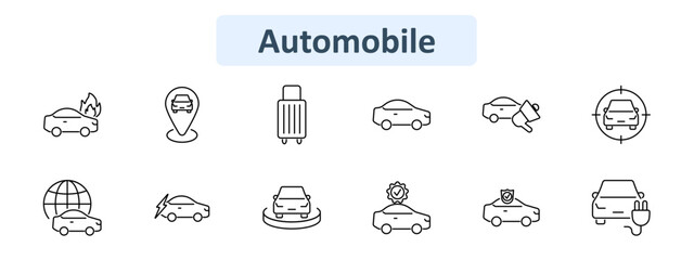 Automobile set icon. Car in garage, electric, dollar, key, steering wheel, repair, gear shift, protection, parking. Vehicles, transportation, automotive services concept.