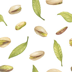 Seamless pattern with pistachio nut watercolor illustration,leaves,, floating in the air composition. Botanical drawing sketch stylized. Hand drawn, suitable for food packaging design