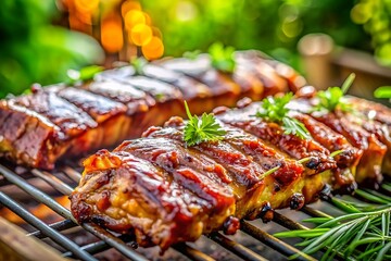 Closeup of BBQ Ribs on Grill.