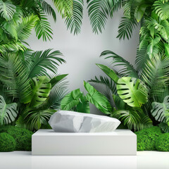 Fototapeta premium Modern White Podium Amidst Lush Greenery - Tropical Background for Product Display and Branding