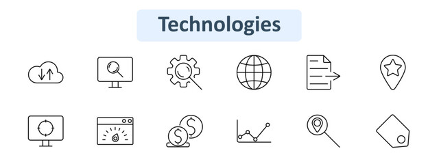 Technologies set icon. Cloud sync, search monitor, gear search, globe, document, location star, target monitor, speed browser, dollar coins, line graph, map pin, tag. Tech, data, internet, analysis