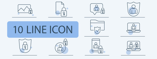 Security line icons set. Locked image, document, chat, folder, shield, laptop, smartphone. Privacy, protection, data security concept