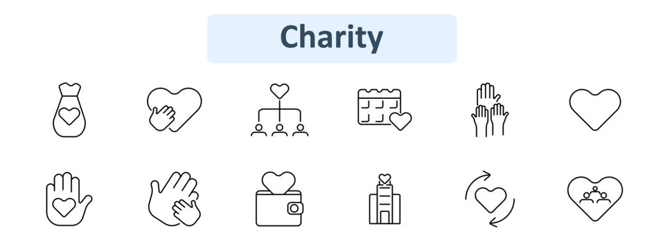 Charity icon set. Donation bag, helping hands, organizational chart, event calendar, raising hands, heart, wallet, building, community support. Philanthropy, giving, altruism concept.