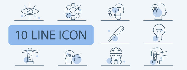 Vision and innovation line icons set. Eye, settings gear, human head, telescope, light bulb, lighthouse, binoculars, world globe, analytics chart. Creativity, discovery, research concept